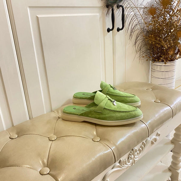 LP 26s Lock Charm Mules In Light Green Suede