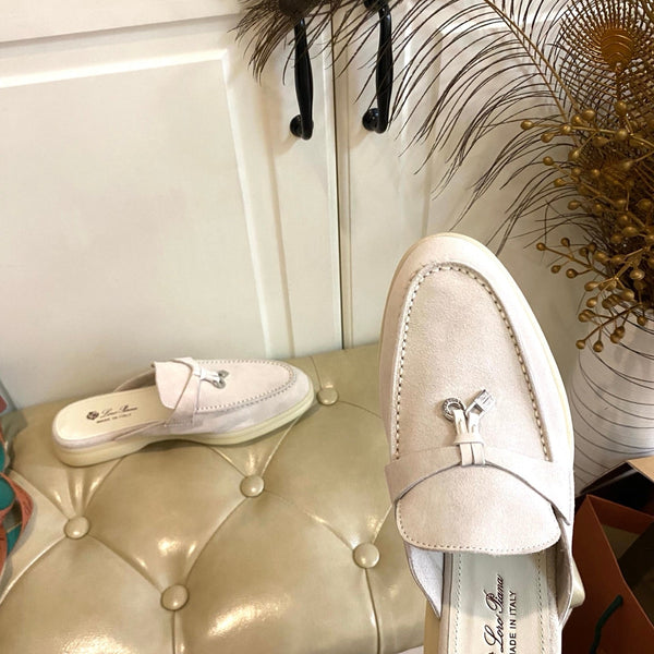 LP 26s Lock Charm Mules In Cream White Suede