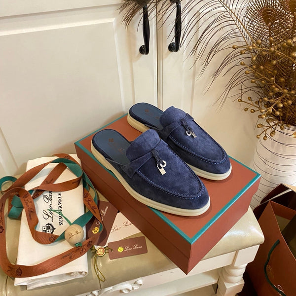 LP 26s Lock Charm Mules In Navy Blue Suede