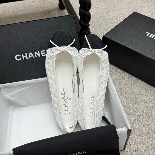 CC 25p Ballet Flat White Cotton Mesh Fabric Grosgrain