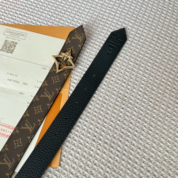 LV FLOWERGRAM 30MM REVERSIBLE BELT IN BLACK CALFSKIN GOLD HARDWARE