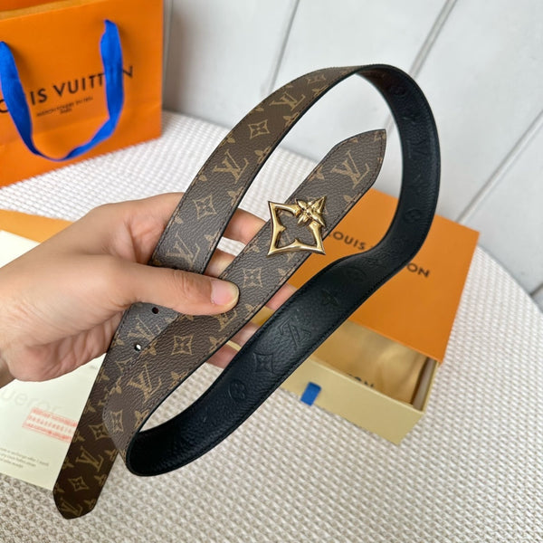 LV FLOWERGRAM 30MM REVERSIBLE BELT IN BLACK EMBOSSED CALFSKIN GOLD HARDWARE