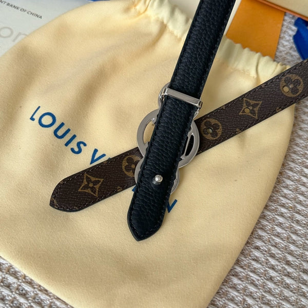 LV S-LOCK BELT 20 MM TAUPE BROWN MONOGRAM AND BLACK CALFSKIN SILVER HARDWARE
