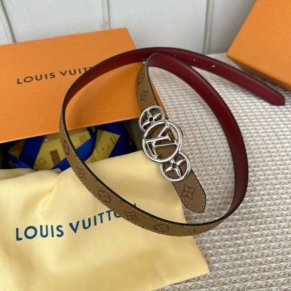 LV S-LOCK BELT 20 MM BROWN MONOGRAM AND AUBURN RED CALFSKIN SILVER HARDWARE