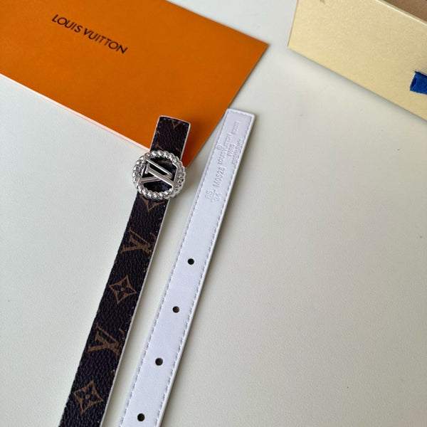 LV Circle Nautical 20mm Reversible Belt Silver Buckle White Brown Lambskin