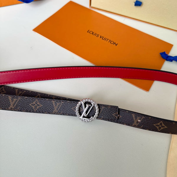 LV Circle Nautical 20mm Reversible Belt Silver Buckle Red Brown Lambskin