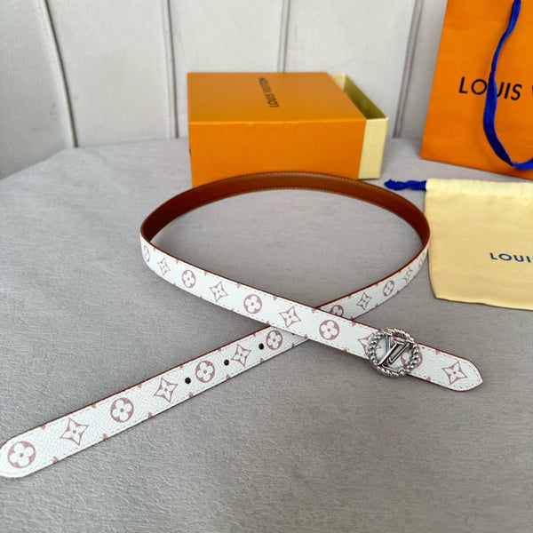 LV Circle Nautical 20mm Reversible Belt Silver Buckle Tan White Lambskin