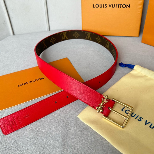 LV Bloom 30mm Belt Gold Buckle Red Brown Leather