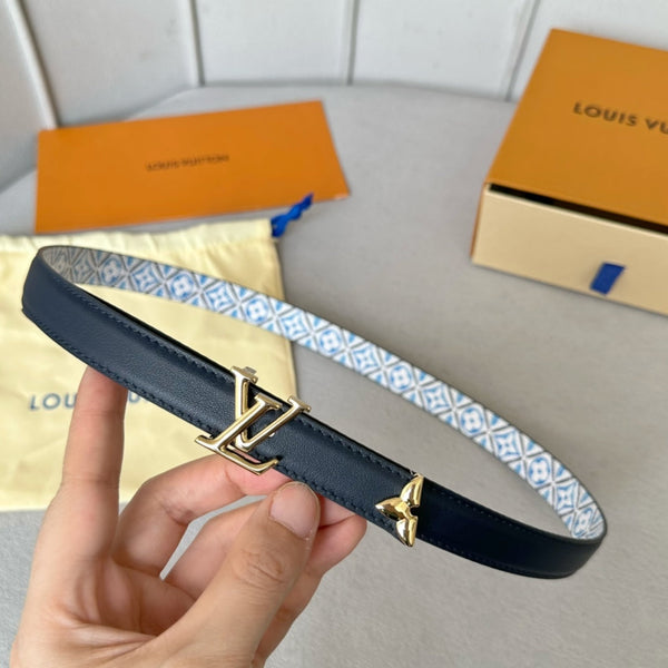 Pretty LV 20mm Reversible Belt Gold Buckle Black White Blue Leather