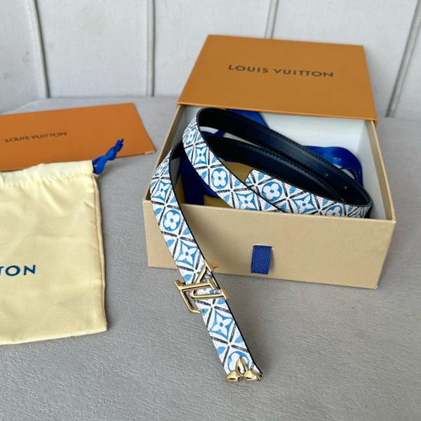 Pretty LV 20mm Reversible Belt Gold Buckle Black White Blue Leather