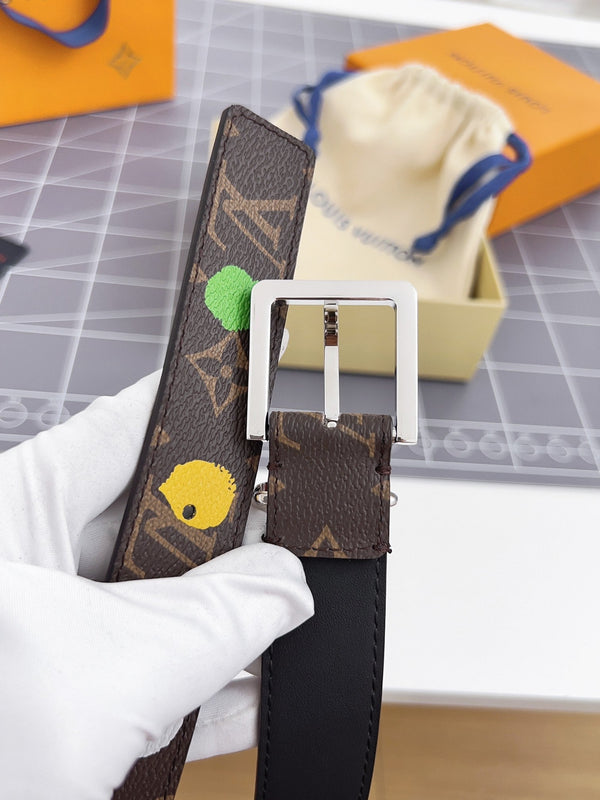 LV Bloom 30mm Mutilcolor Belt Silver Buckle Black Brown Leather