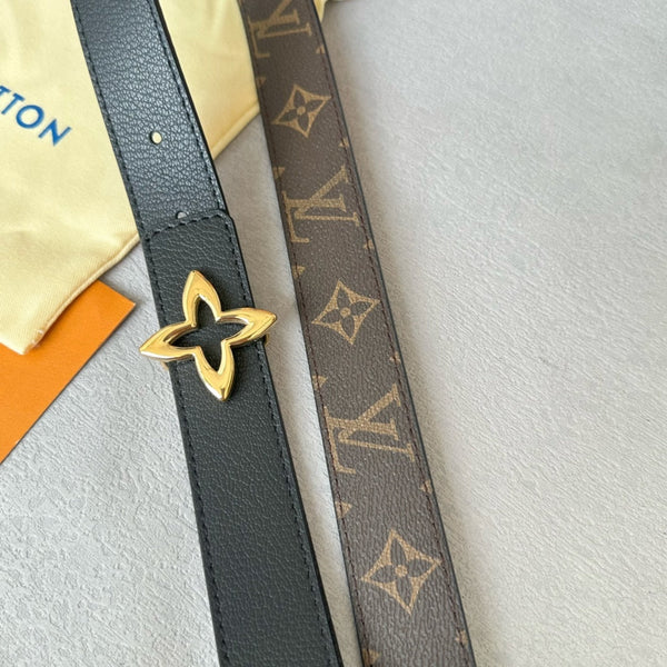 LV Flowergram 30mm Reversible Belt Gold Buckle Black Brown Leather