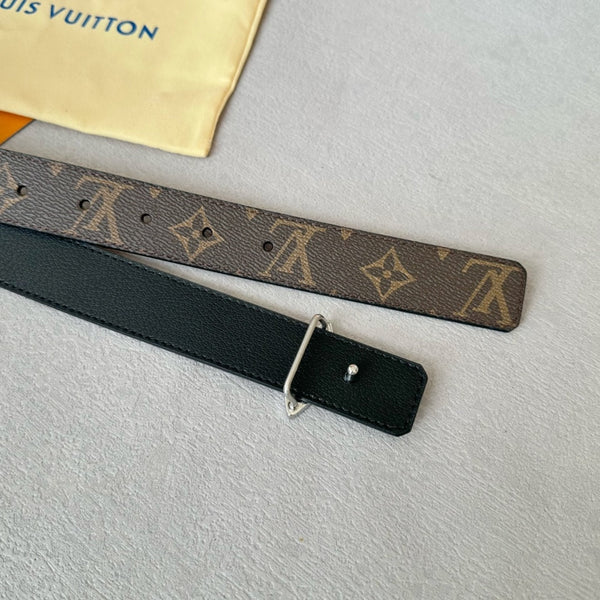 LV Flowergram 30mm Reversible Belt Silver Buckle Black Brown Leather