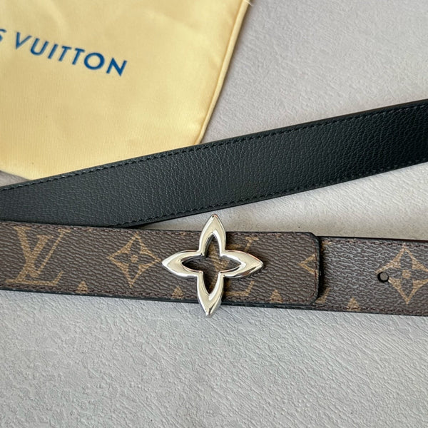 LV MINI FLOWERGRAM 30MM REVERSIBLE BELT IN BLACK CALFSKIN SILVER HARDWARE