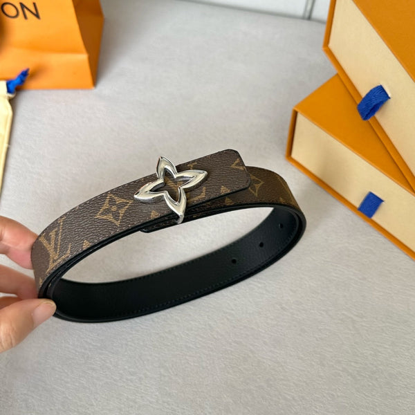 LV MINI FLOWERGRAM 30MM REVERSIBLE BELT IN BLACK CALFSKIN SILVER HARDWARE
