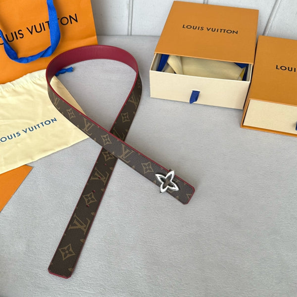 LV Flowergram 30mm Reversible Belt Silver Buckle Burgundy Brown Leather