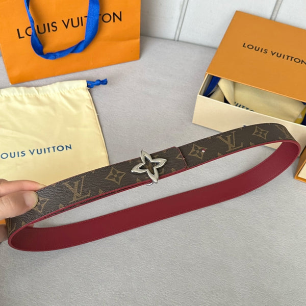 LV MINI FLOWERGRAM 30MM REVERSIBLE BELT IN BLOOD RED CALFSKIN SILVER HARDWARE