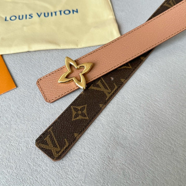 LV MINI FLOWERGRAM 30MM REVERSIBLE BELT IN BUFF BROWN CALFSKIN GOLD HARDWARE