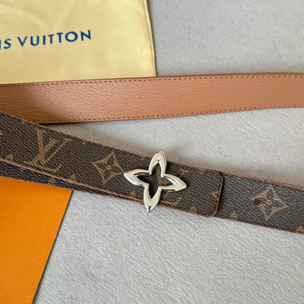 LV Flowergram 30mm Reversible Belt Silver Buckle Beige Brown Leather