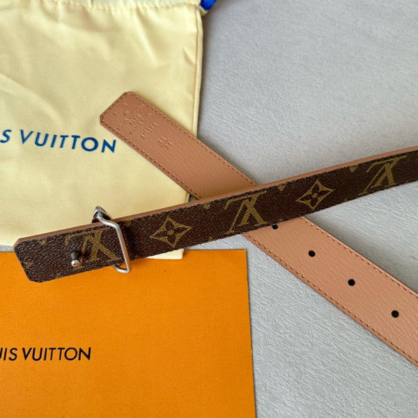 LV MINI FLOWERGRAM 30MM REVERSIBLE BELT IN BUFF BROWN CALFSKIN SILVER HARDWARE