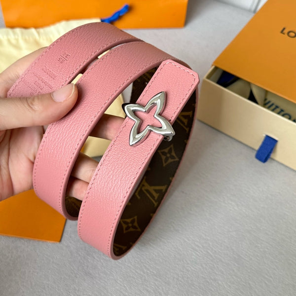 LV Flowergram 30mm Reversible Belt Silver Buckle Pink Brown Leather