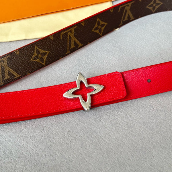 LV Flowergram 30mm Reversible Belt Silver Buckle Red Brown Leather