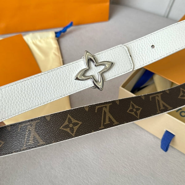 LV MINI FLOWERGRAM 30MM REVERSIBLE BELT IN WHITE CALFSKIN SILVER HARDWARE