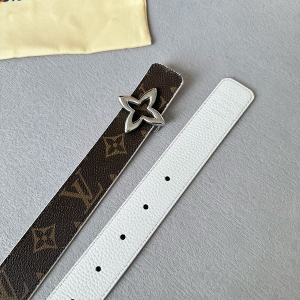 LV MINI FLOWERGRAM 30MM REVERSIBLE BELT IN WHITE CALFSKIN SILVER HARDWARE