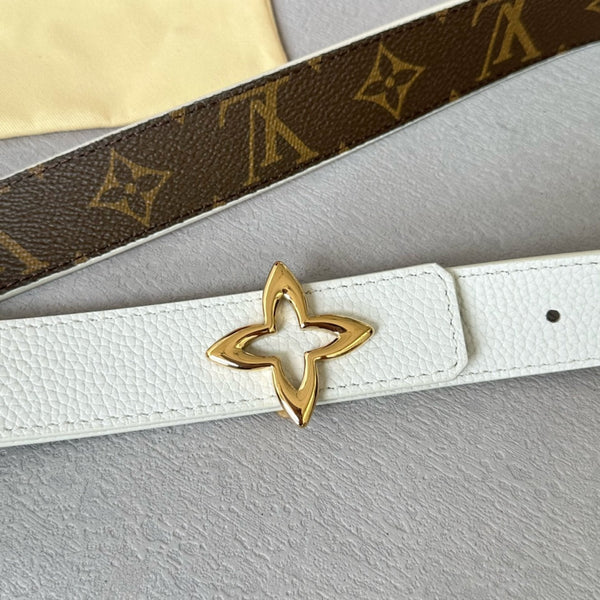 LV Flowergram 30mm Reversible Belt Gold Buckle White Brown Leather