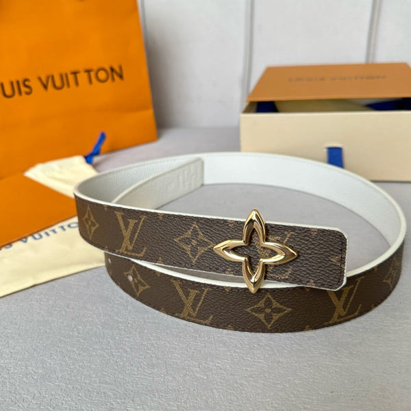 LV MINI FLOWERGRAM 30MM REVERSIBLE BELT IN WHITE CALFSKIN GOLD HARDWARE