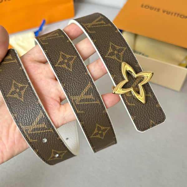 LV MINI FLOWERGRAM 30MM REVERSIBLE BELT IN WHITE CALFSKIN GOLD HARDWARE