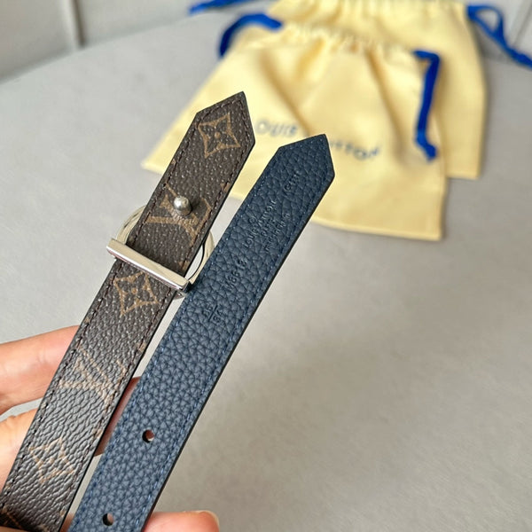 LV Circle 20mm Reversible Belt Silver Buckle Navy Blue Brown Leather