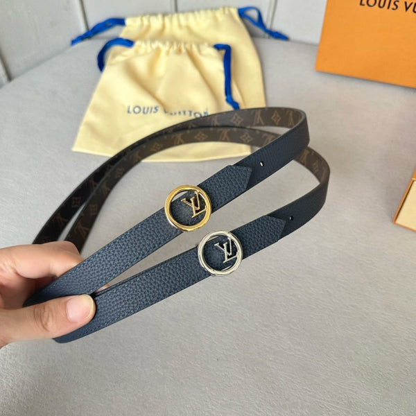 LV Circle 20mm Reversible Belt Gold Buckle Navy Blue Brown Leather