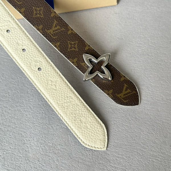 LV MINI FLOWERGRAM 30MM REVERSIBLE BELT IN WHITE EMBOSSED CALFSKIN SILVER HARDWARE