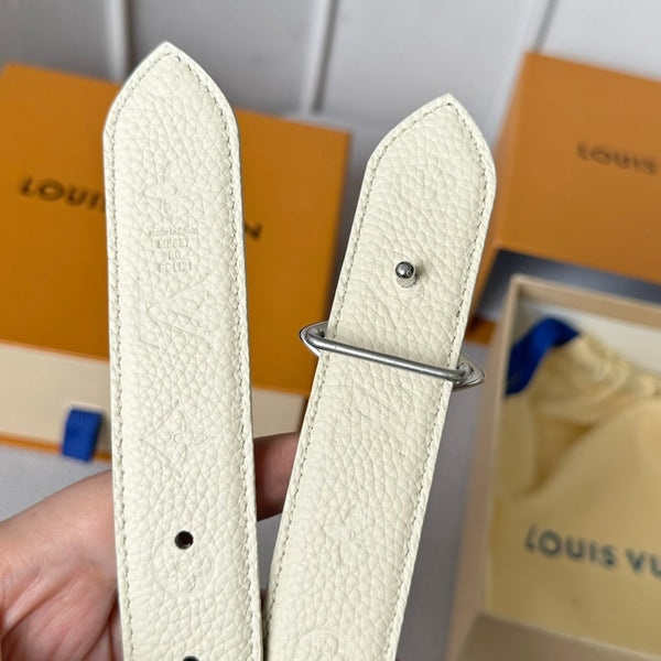 LV MINI FLOWERGRAM 30MM REVERSIBLE BELT IN WHITE EMBOSSED CALFSKIN SILVER HARDWARE