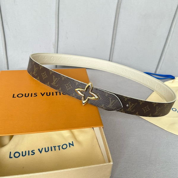 LV MINI FLOWERGRAM 30MM REVERSIBLE BELT IN WHITE EMBOSSED CALFSKIN GOLD HARDWARE