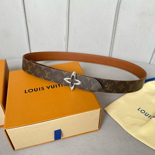 LV MINI FLOWERGRAM 30MM REVERSIBLE BELT IN BRONZE BROWN EMBOSSED CALFSKIN SILVER HARDWARE