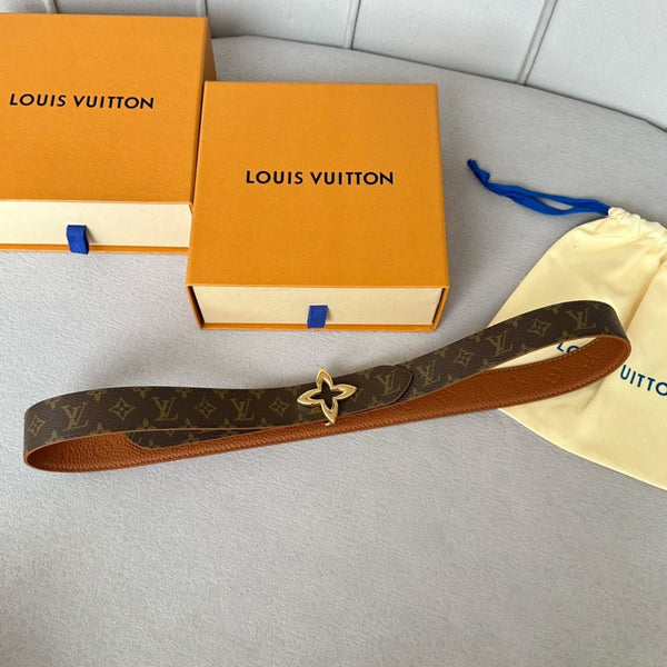 LV MINI FLOWERGRAM 30MM REVERSIBLE BELT IN BRONZE BROWN EMBOSSED CALFSKIN GOLD HARDWARE