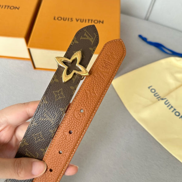 LV MINI FLOWERGRAM 30MM REVERSIBLE BELT IN BRONZE BROWN EMBOSSED CALFSKIN GOLD HARDWARE