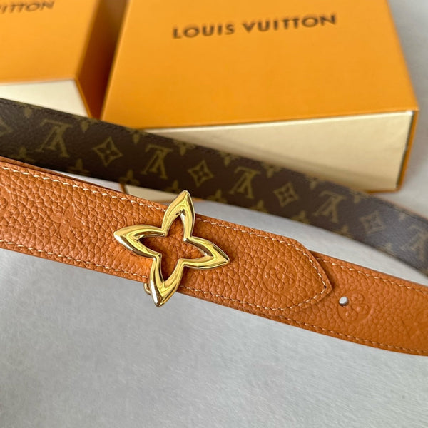 LV MINI FLOWERGRAM 30MM REVERSIBLE BELT IN BRONZE BROWN EMBOSSED CALFSKIN GOLD HARDWARE