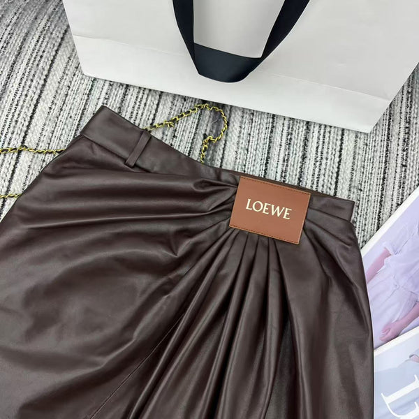Loewe Draped Midi Skirt Brown Nappa Leather 348569