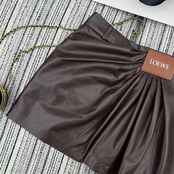Loewe Draped Midi Skirt Brown Nappa Leather 348569