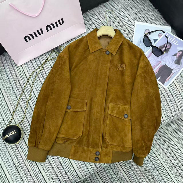 Miu Miu 25 Giacca in pelle scamosciata marrone giallo 302349