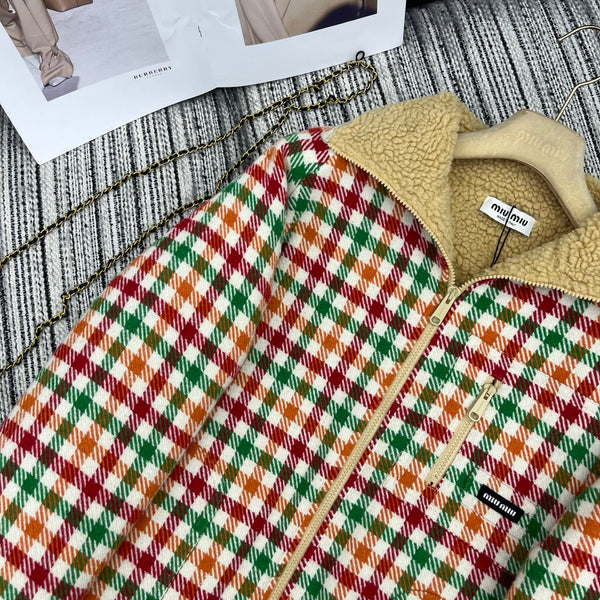 Miu Miu 25 Plaid Shearling Collar Coat Multicolor 302150