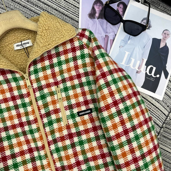 Miu Miu 25 Plaid Shearling Collar Coat Multicolor 302150