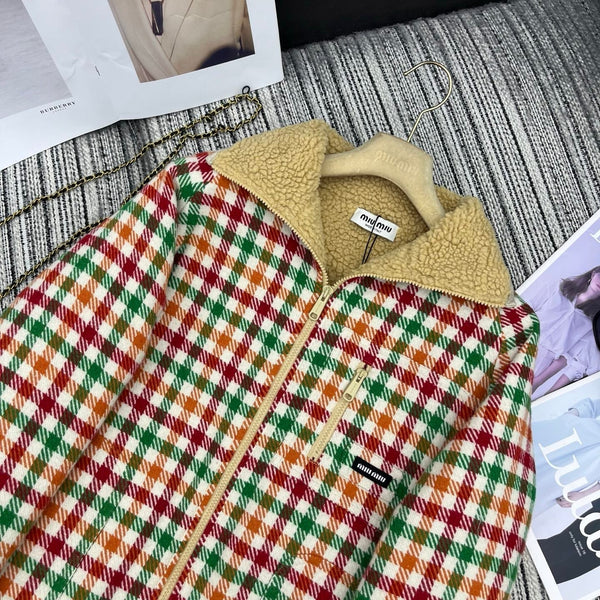 Miu Miu 25 Plaid Shearling Collar Coat Multicolor 302150
