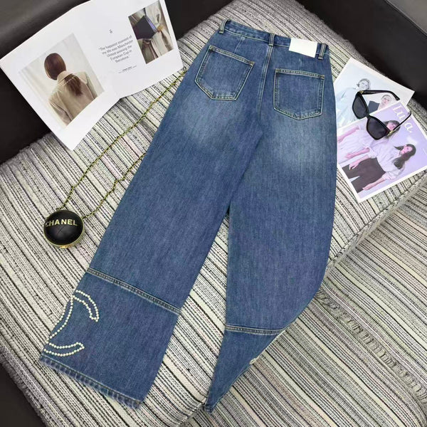 Chanel 2025 Jean Droit Perlé Logo Double C Coton Bleu 319001