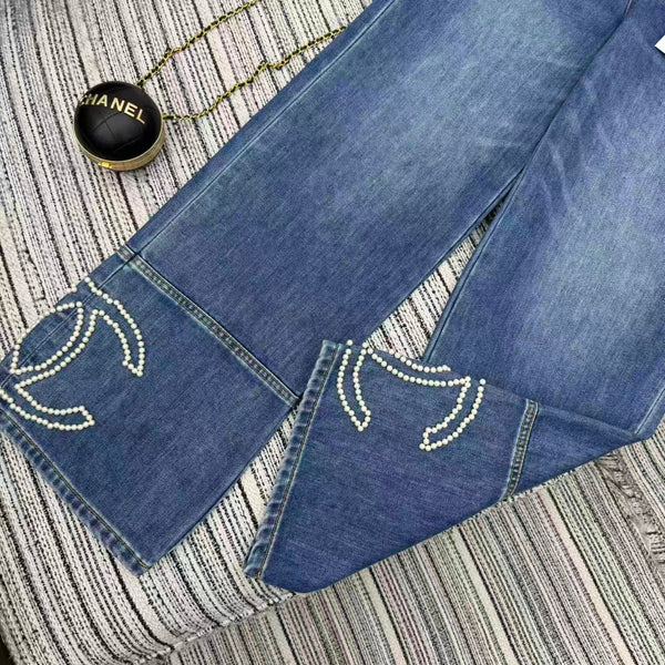 Chanel 2025 Jean Droit Perlé Logo Double C Coton Bleu 319001