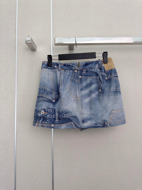 MM6 Printed Irregular Short Skirt Light Wash Baggy Denim 387958