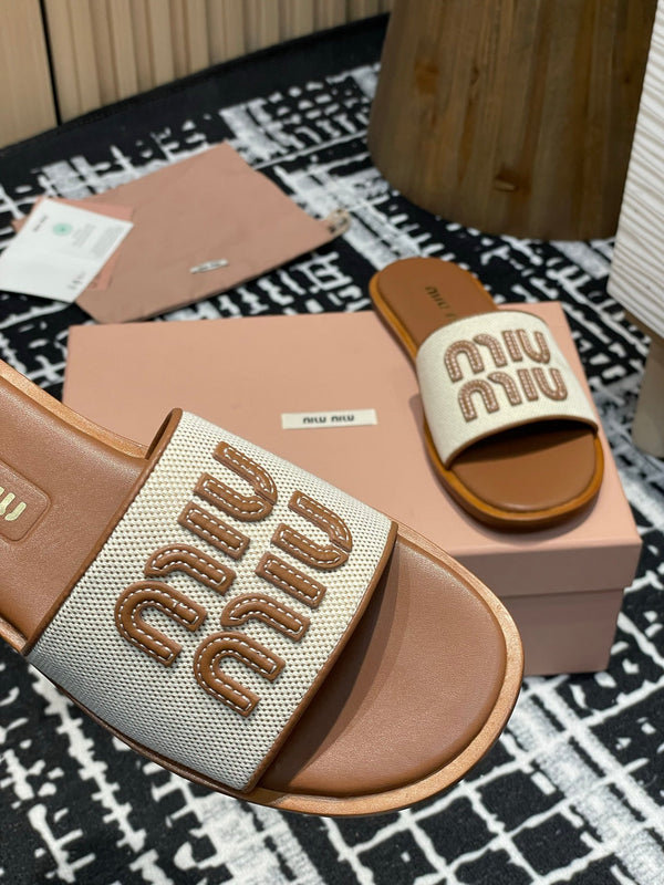 Miu 25S Beige and Brandy Canvas and leather slides 227134
